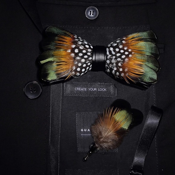 Handmade Green, Gold, and Black Dotted Feather Bow Tie Boutonnière Lapel Pin Set - Picture 10 of 12